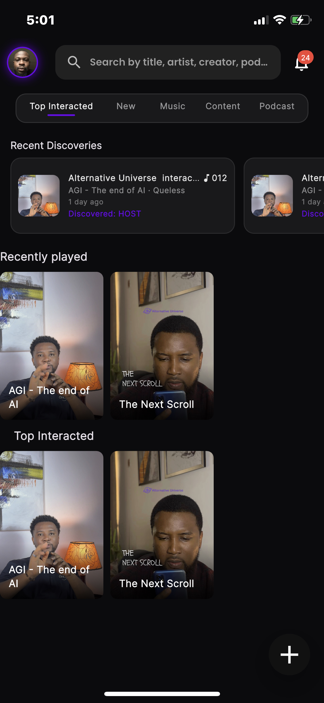 AltVerse home screen showing music, content, and podcast drops